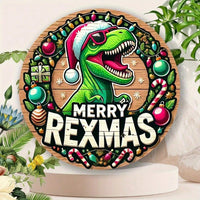 Christmas Dinosaur Round Metal Tin Sign, Retro Farmhouse Holiday Wall Art — view 3