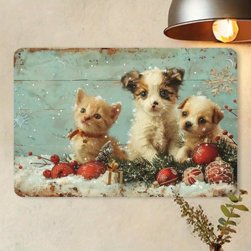 Vintage Christmas Puppy & Kitten Tin Sign, Rustic Iron Wall Art, 12x8 Inch — view 6