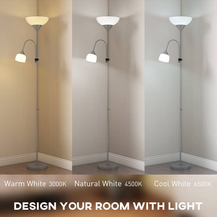 LED Floor Lamp, Suitable For Living Rooms, 180cm High, Mother And Child Shaped Upward Facing Spotlight, With Adjustable Gooseneck Arm, Color Temperature 3000K-4500K-6500K, Silver — view 6