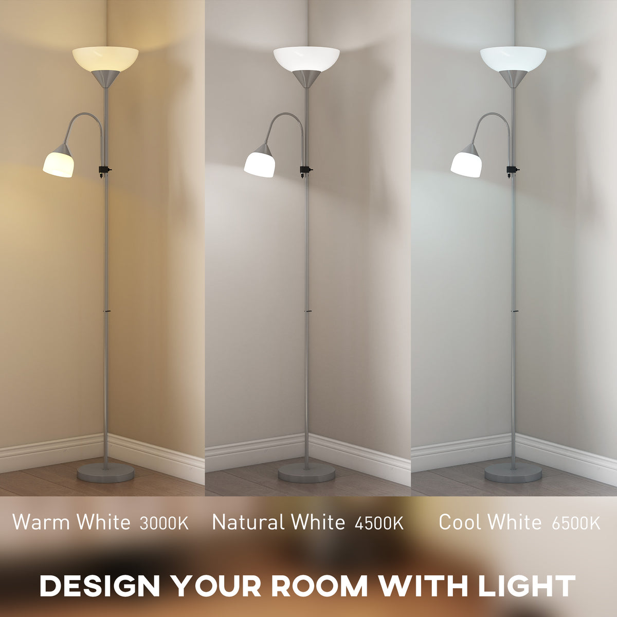 LED Floor Lamp, Suitable For Living Rooms, 180cm High, Mother And Child Shaped Upward Facing Spotlight, With Adjustable Gooseneck Arm, Color Temperature 3000K-4500K-6500K, Silver — view 6