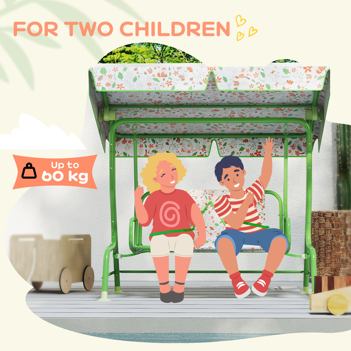 Kids Garden Swing Chair With Adjustable Canopy,Safety Belt,2 Seater Hammock Swing Bench For Patio,Porch,Green — view 3