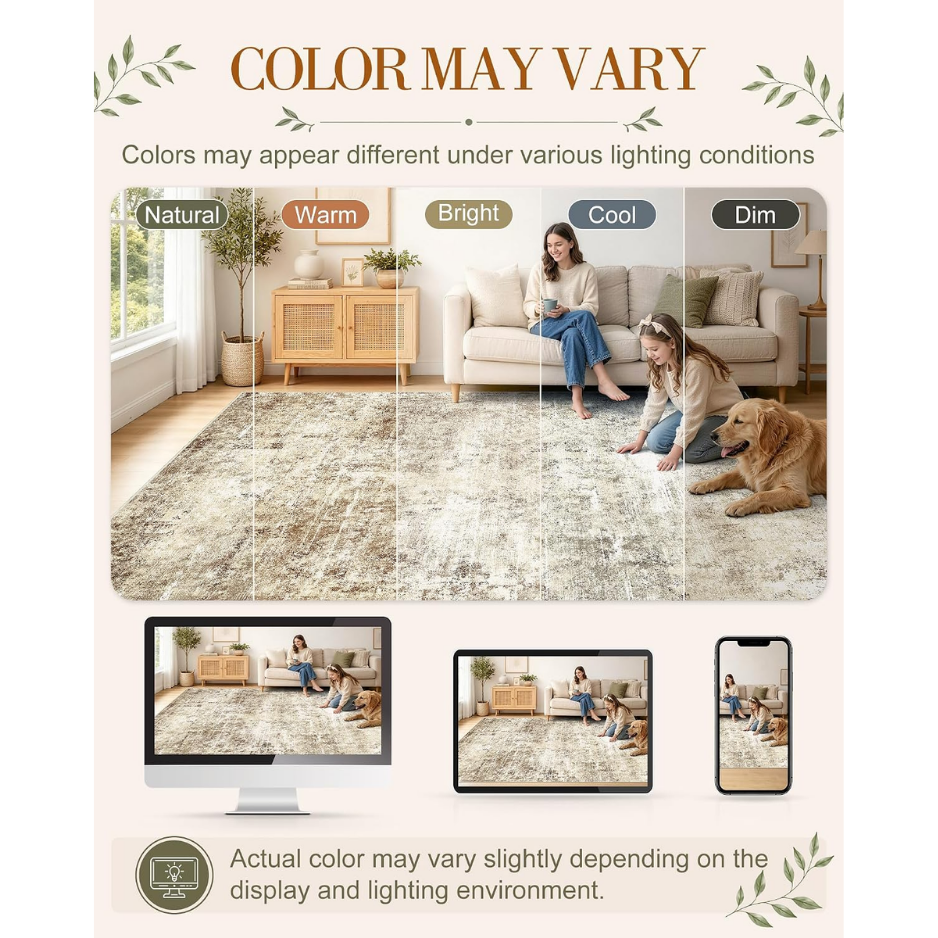 5x7 Washable Area Rug, Soft Non Slip Carpet For Bedroom Living Room Beige Distressed Abstract Modern Farmhouse Rug, Spill Stain Resistant Low — view 3