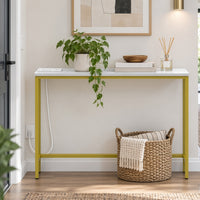 39.37"x5.91"x31.10" Console Table, MDF with Melamine Veneer & Iron Frame, with Power Outlet, White & Gold — view 3