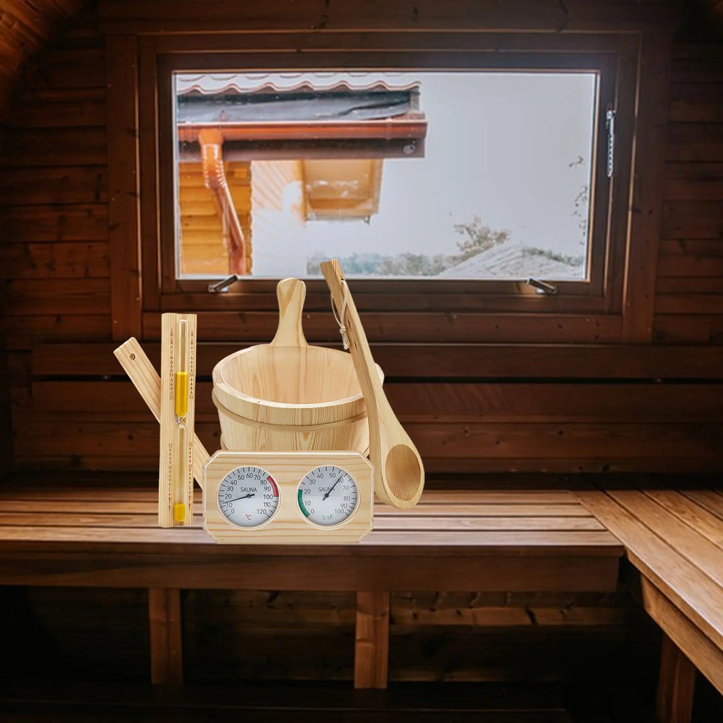 Sauna Equipment Kit 4L Wooden Bucket Premium Ladle Thermometer Sand Timer