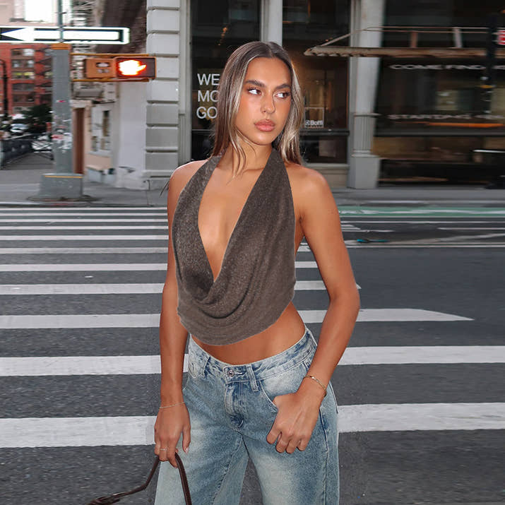 Halter Silver Silk Pockets Collar Top