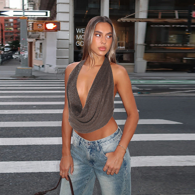 Halter Silver Silk Pockets Collar Top
