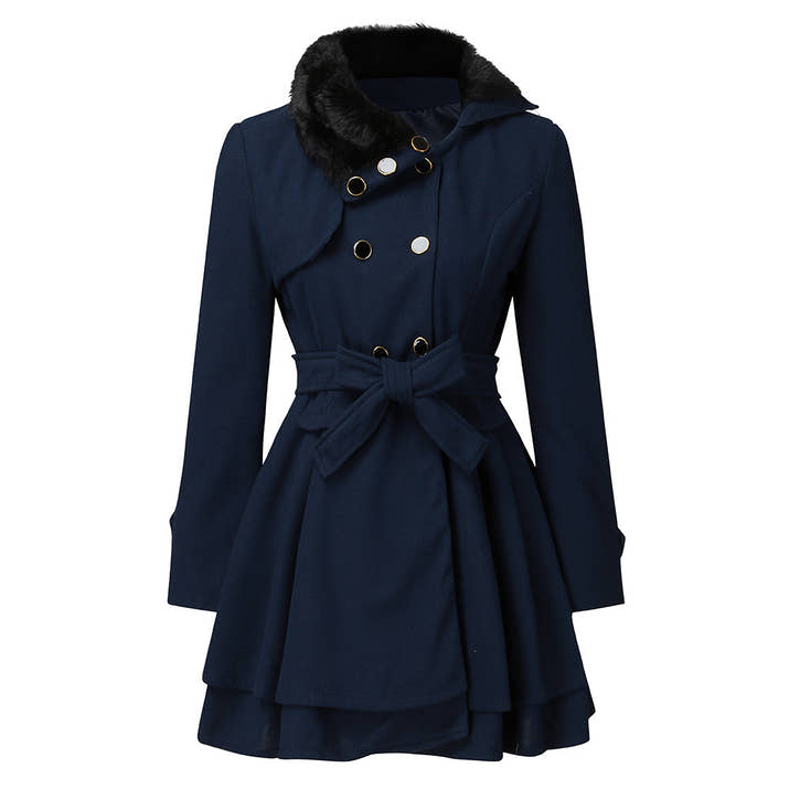Women’s Fur Collar Double-Breasted Trench Coat – Flared Skirt