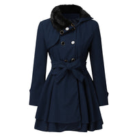 Women’s Fur Collar Double-Breasted Trench Coat – Flared Skirt