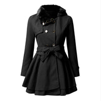 Women’s Fur Collar Double-Breasted Trench Coat – Flared Skirt