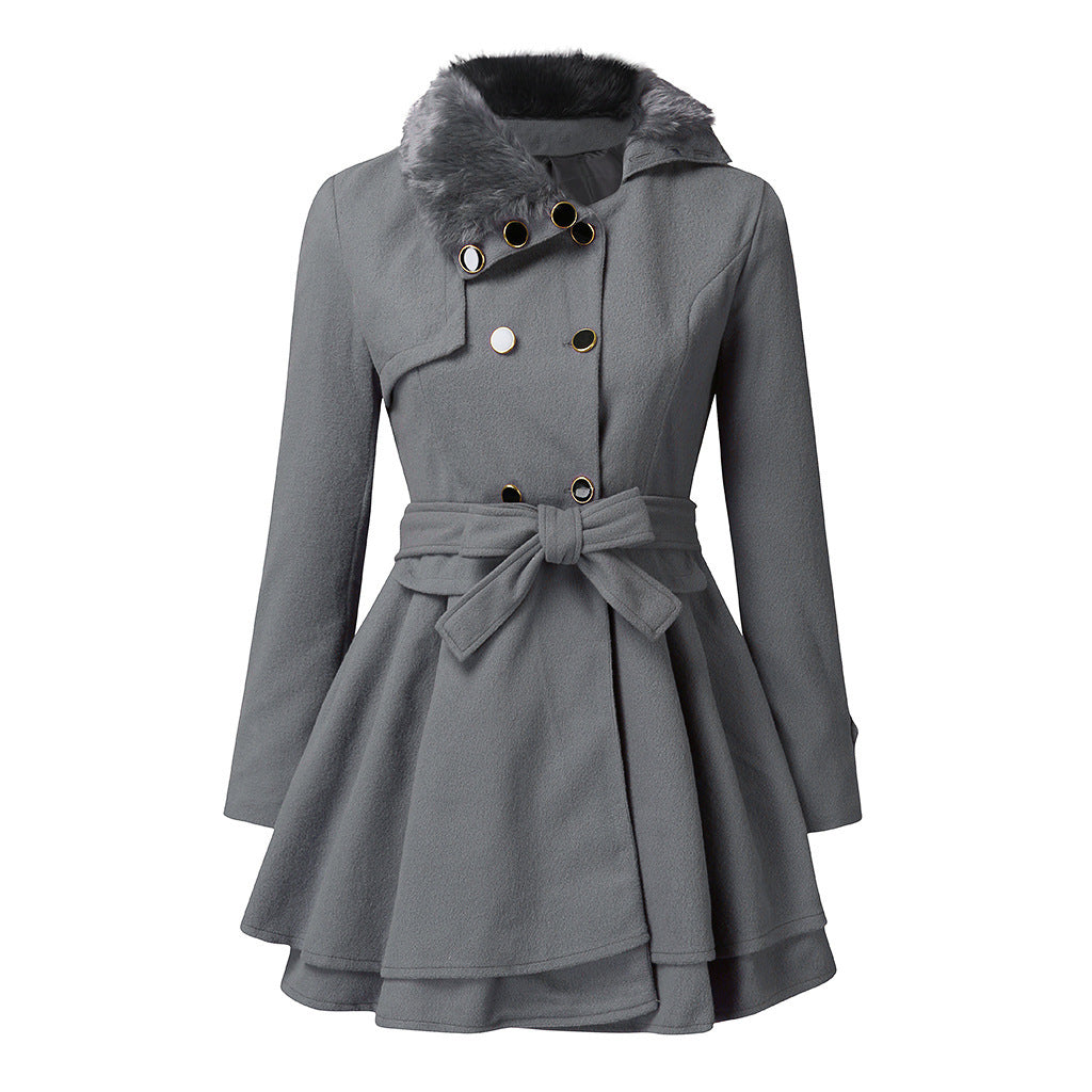Women’s Fur Collar Double-Breasted Trench Coat – Flared Skirt