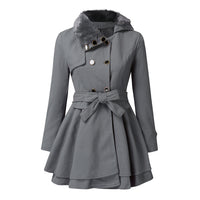 Women’s Fur Collar Double-Breasted Trench Coat – Flared Skirt
