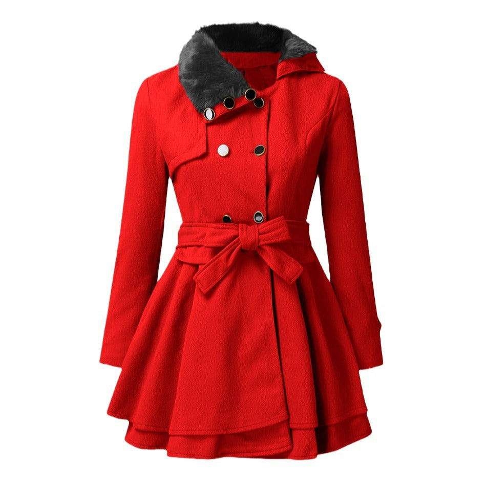 Women’s Fur Collar Double-Breasted Trench Coat – Flared Skirt