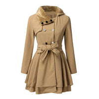 Women’s Fur Collar Double-Breasted Trench Coat – Flared Skirt