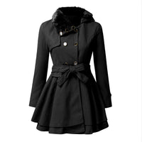 Women’s Fur Collar Double-Breasted Trench Coat – Flared Skirt