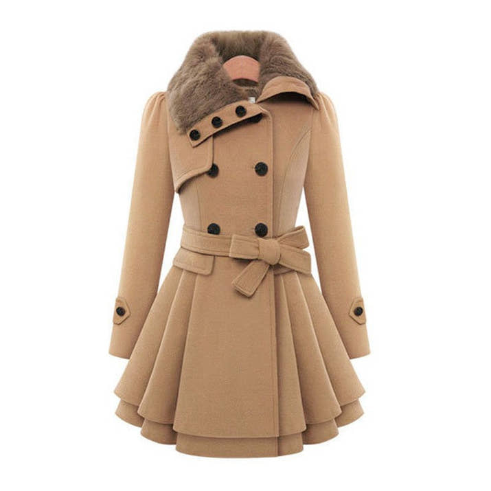 Women’s Fur Collar Double-Breasted Trench Coat – Flared Skirt