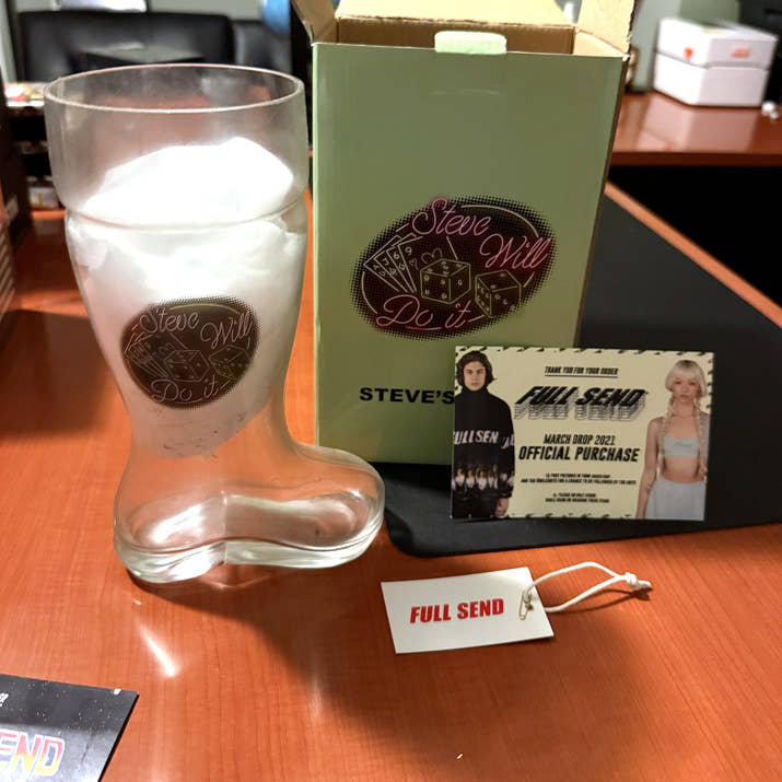 Full Send Steve Will Do It glass beer boot — with original box, Full Send tag and March 2021 drop card
