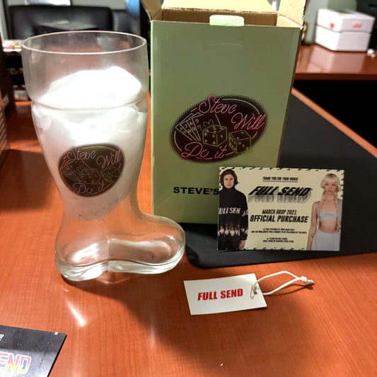 Full Send Steve Will Do It glass beer boot — with original box, Full Send tag and March 2021 drop card