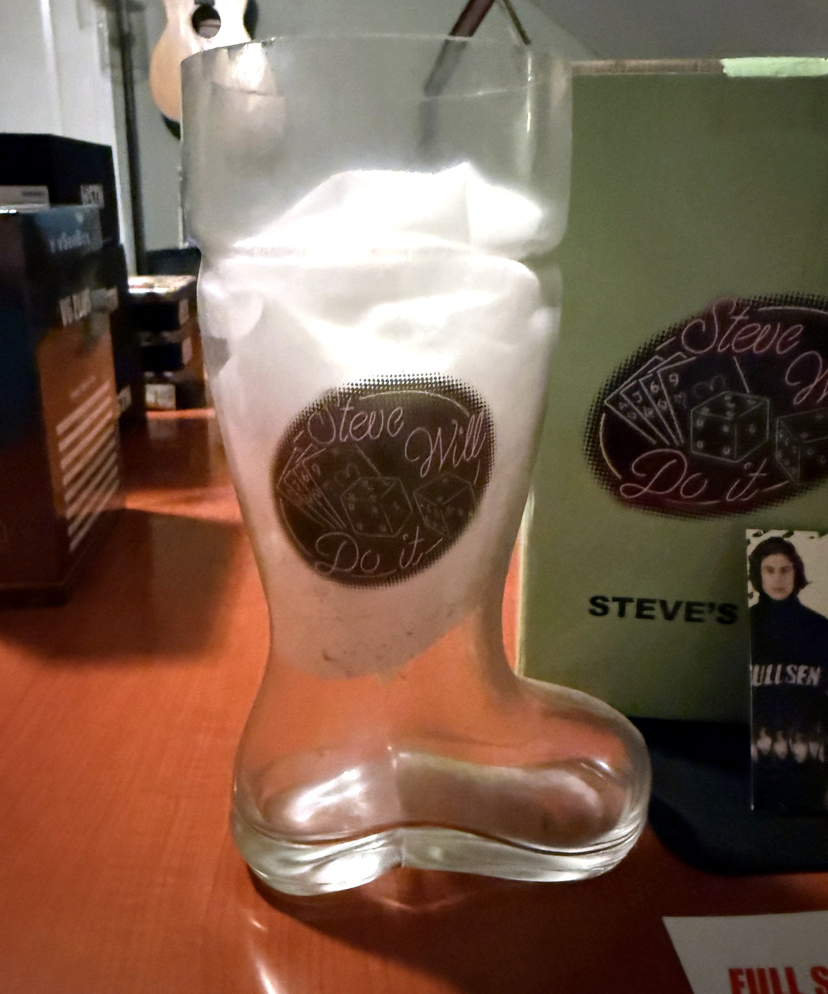 Full Send Steve Will Do It glass beer boot — Steve Will Do It emblem close-up