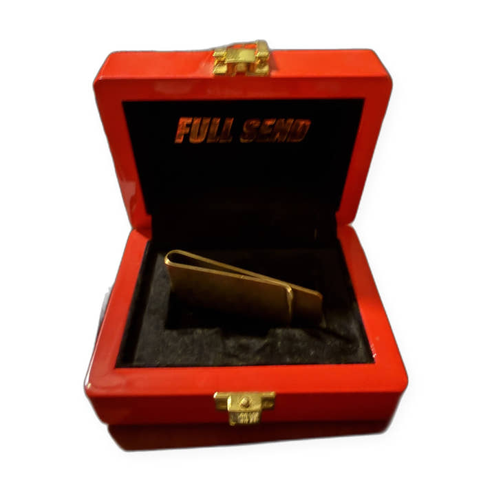 Full Send gold money clip — in open red wooden display box