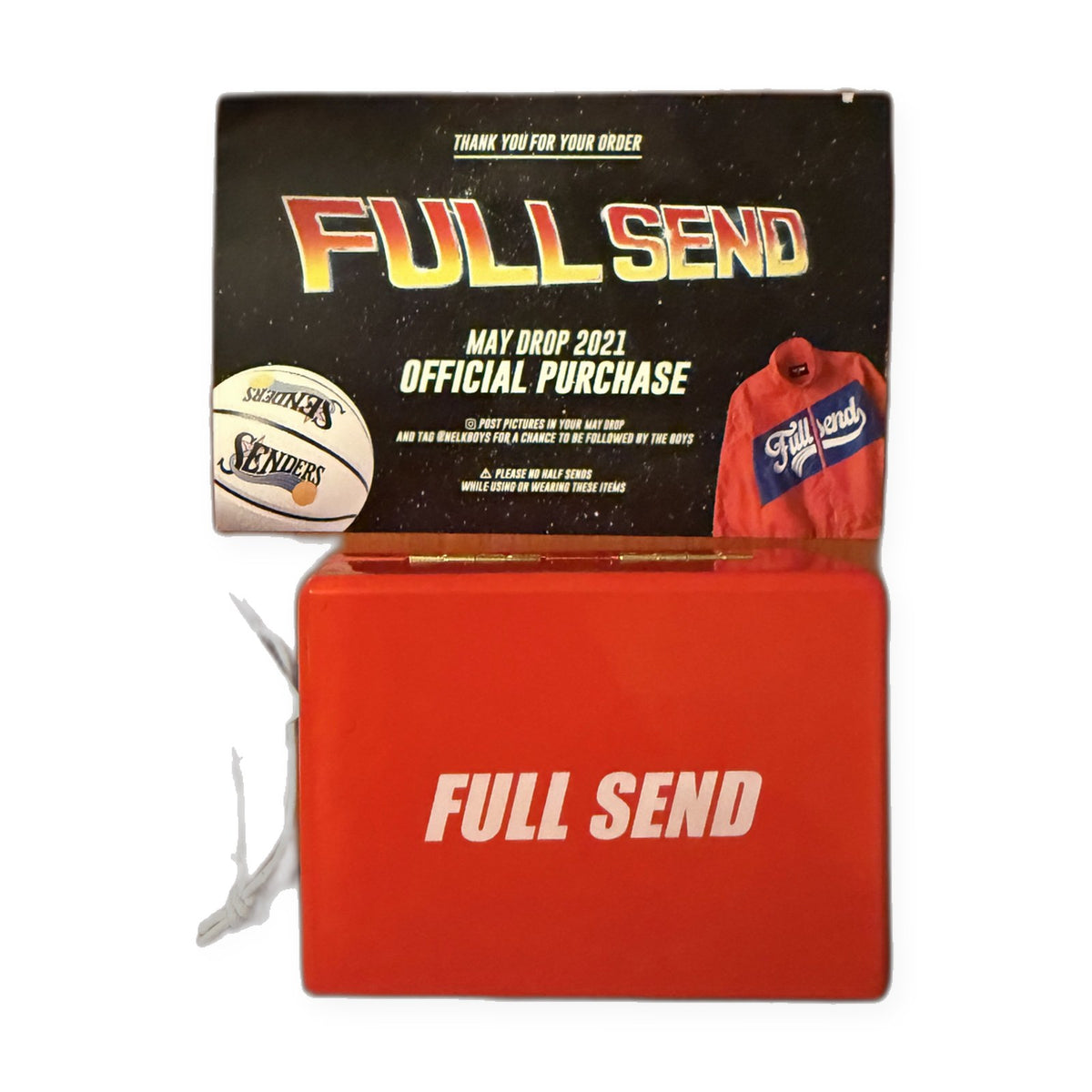Full Send gold money clip — closed box with tag and May 2021 drop card