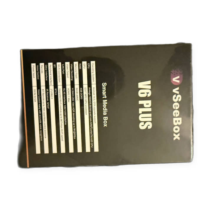 vSeeBox V6 Plus smart media box — sealed box side, actual unit