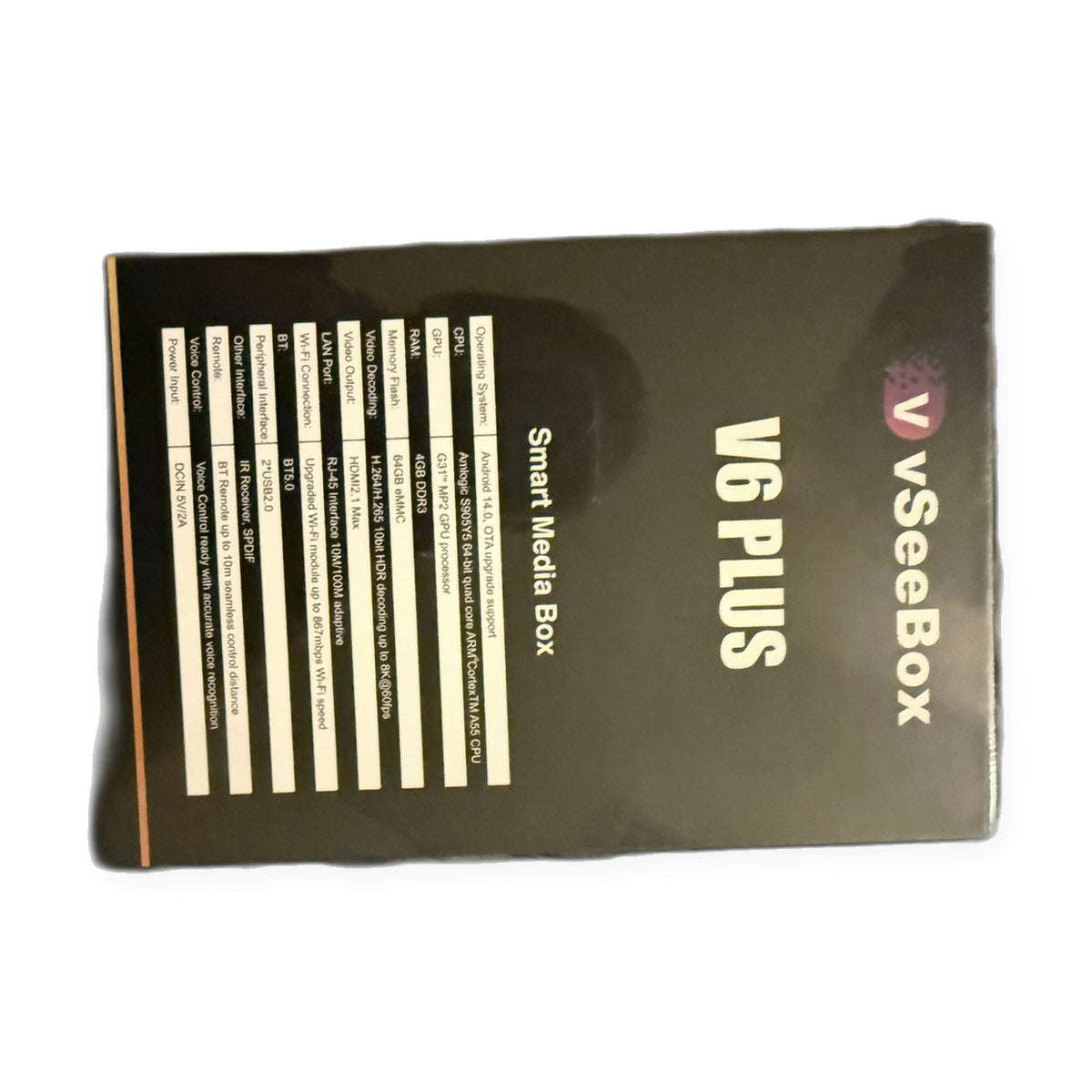 vSeeBox V6 Plus smart media box — sealed box side, actual unit
