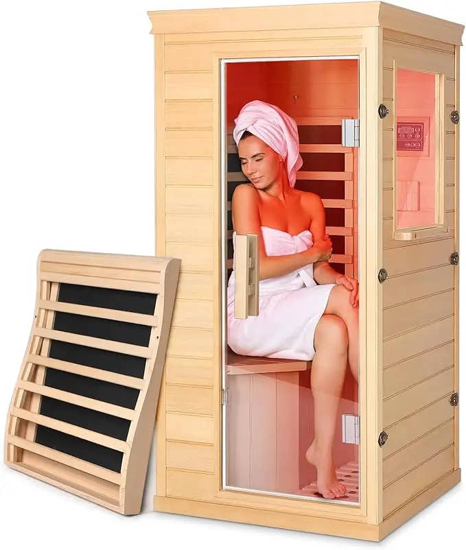 Mini Infrared Dry Sauna for Home – Canadian Hemlock Wood, 4 Full-Spectrum Heaters, Bluetooth Speaker, Glass Door, Backrest, Color Therapy, 850W Indoor Spa Room