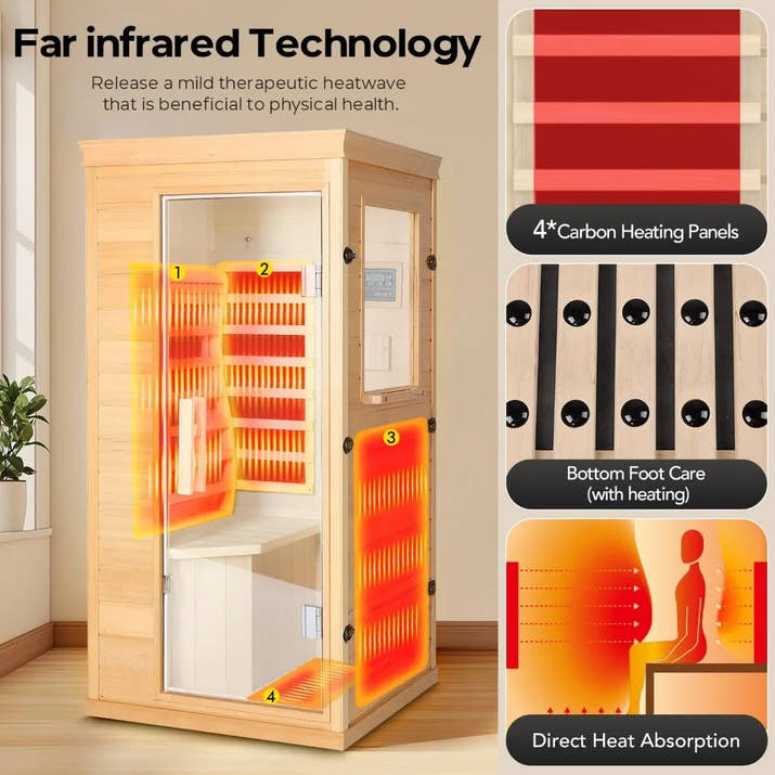 Mini Infrared Dry Sauna for Home – Canadian Hemlock Wood, 4 Full-Spectrum Heaters, Bluetooth Speaker, Glass Door, Backrest, Color Therapy, 850W Indoor Spa Room