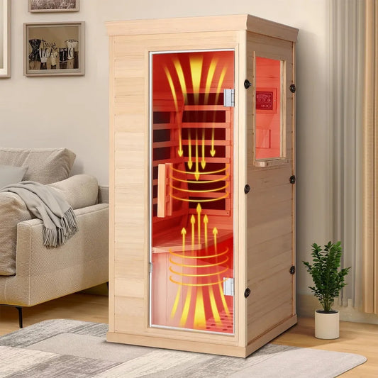 Mini Infrared Dry Sauna for Home – Canadian Hemlock Wood, 4 Full-Spectrum Heaters, Bluetooth Speaker, Glass Door, Backrest, Color Therapy, 850W Indoor Spa Room