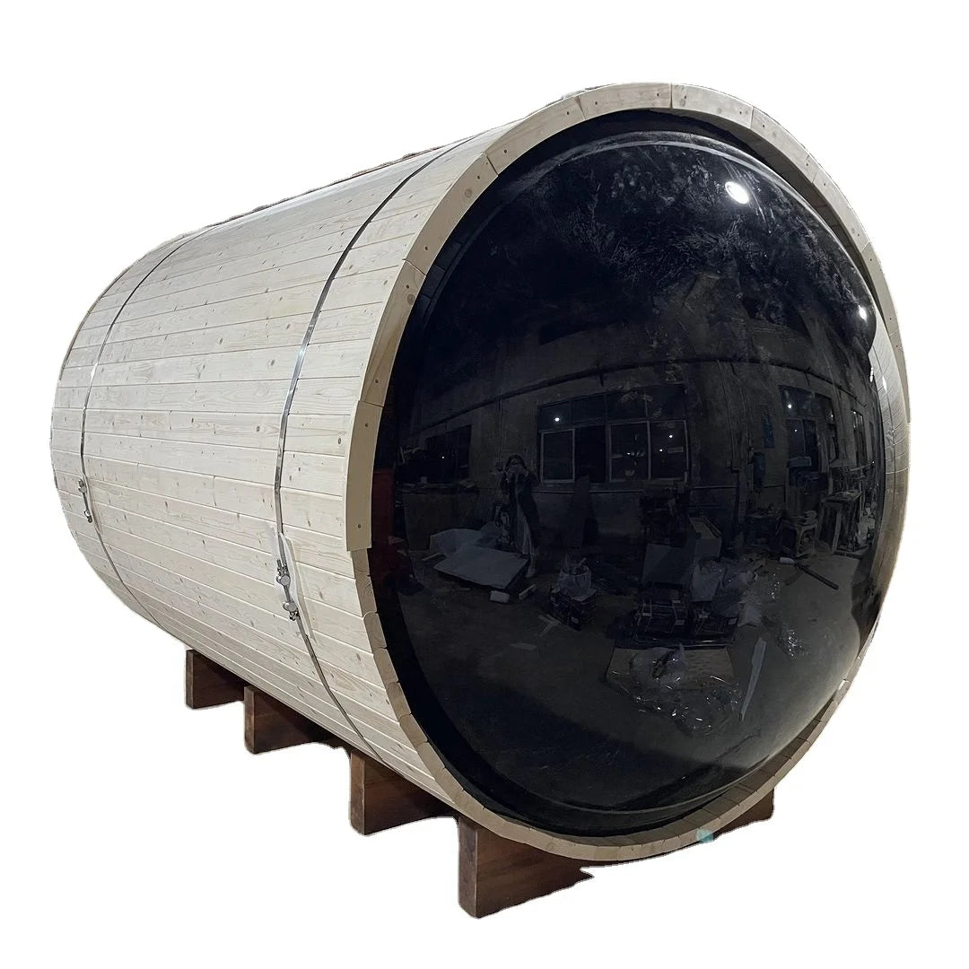 Barrel sauna exterior with full panoramic glass end wall, mounted on timber cradle