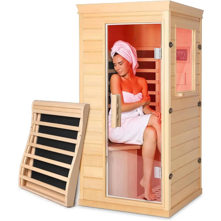 Mini Infrared Dry Sauna for Home – Canadian Hemlock Wood, 4 Full-Spectrum Heaters, Bluetooth Speaker, Glass Door, Backrest, Color Therapy, 850W Indoor Spa Room