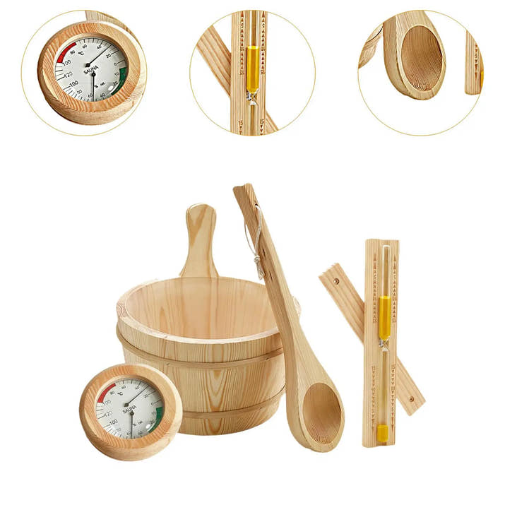 Sauna Equipment Kit 4L Wooden Bucket Premium Ladle Thermometer Sand Timer