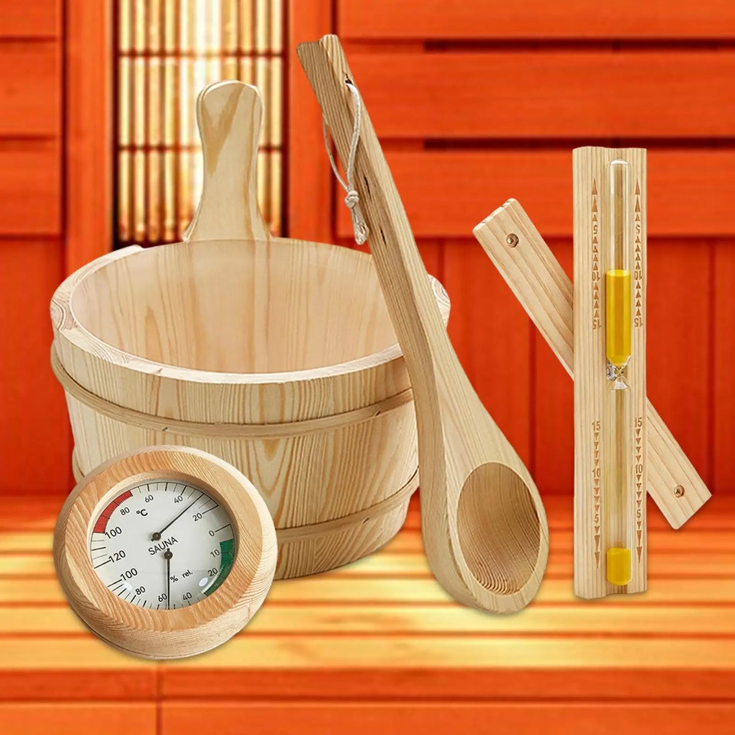 Sauna Equipment Kit 4L Wooden Bucket Premium Ladle Thermometer Sand Timer