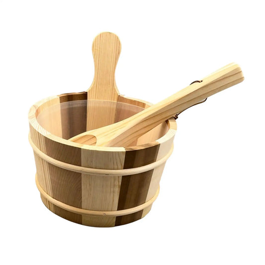 Two-tone wooden sauna bucket with wooden ladle and clear removable liner, on white