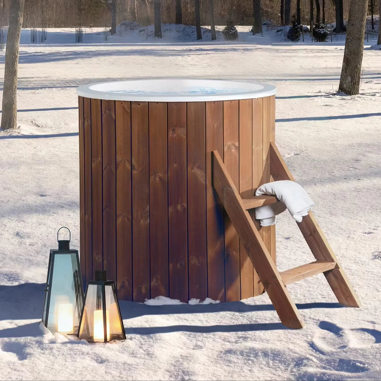 Outdoor Wooden Ice Bath Tub Cold Plunge Barrel Built In
