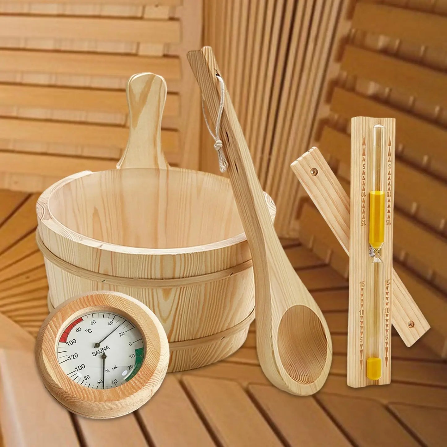 Sauna Equipment Kit 4L Wooden Bucket Premium Ladle Thermometer Sand Timer