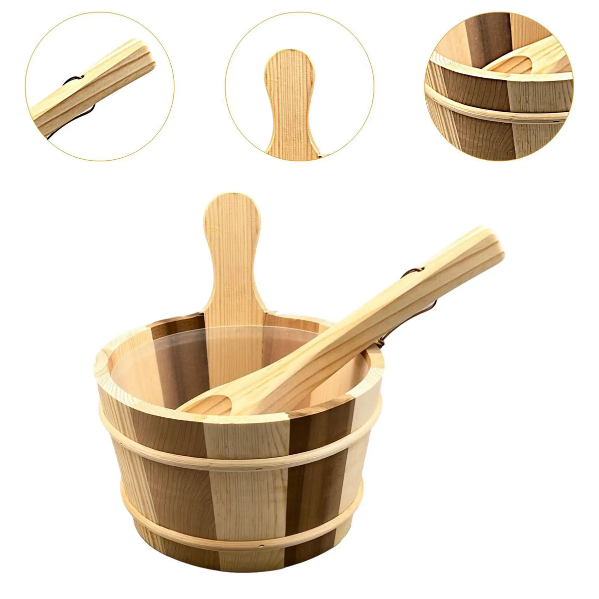Close-up details of the ladle, bucket handle and banded rim of the wooden sauna bucket