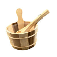 Angled view of the wooden sauna bucket with upright handle, ladle resting inside