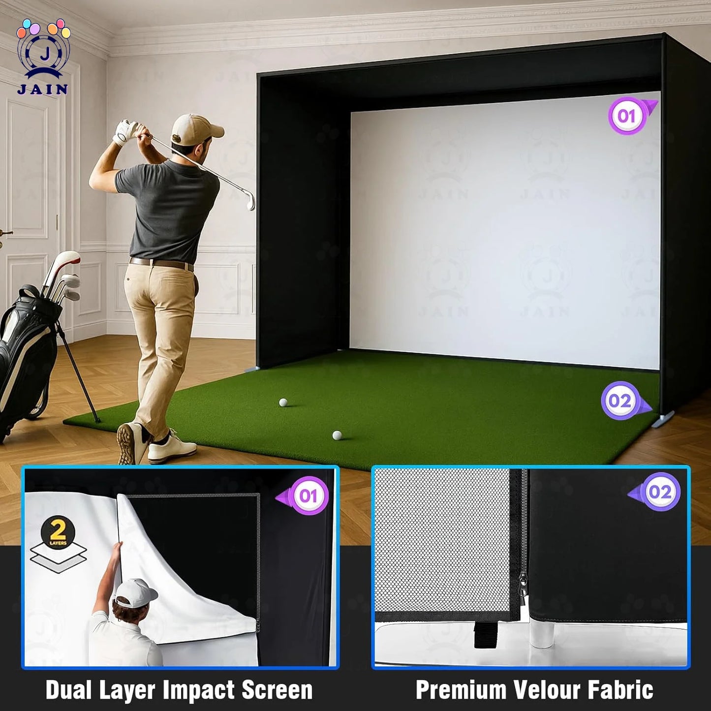 Golf Simulator Enclosure With Impact Screen Aluminum Frame And Hitting Net