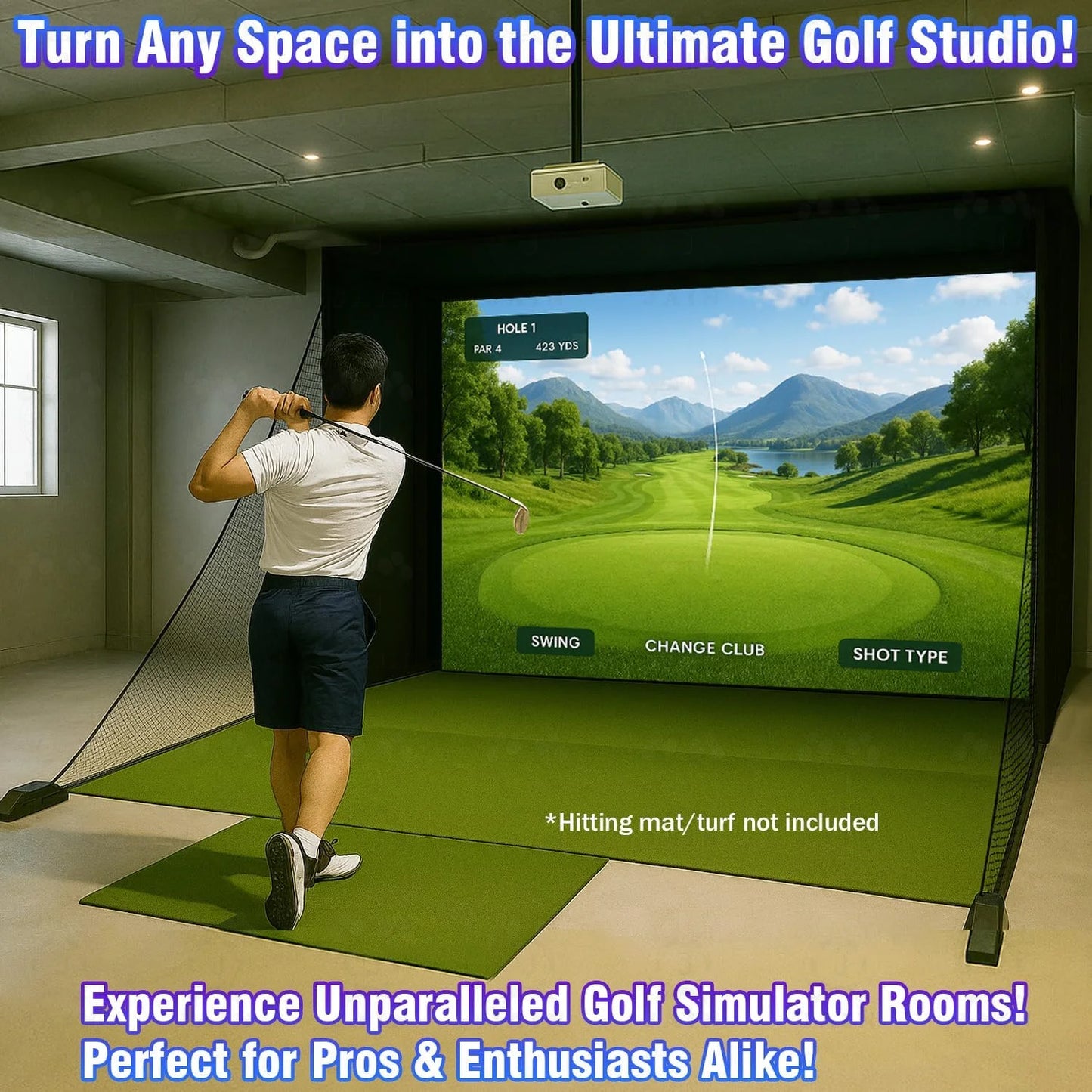 Golf Simulator Enclosure With Impact Screen Aluminum Frame And Hitting Net