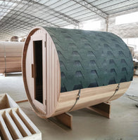 Red cedar barrel sauna with shingled roof and glass-panel door, outdoor dry sauna for 2-4 people