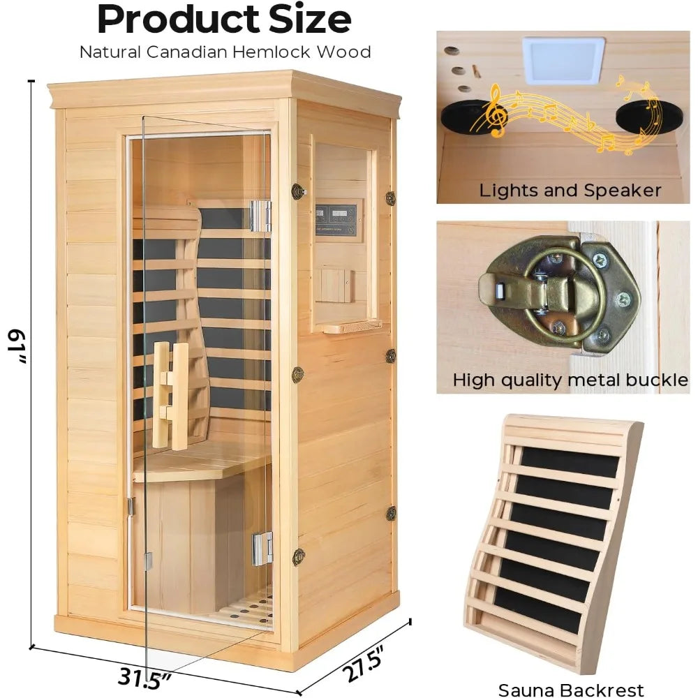 Mini Infrared Dry Sauna for Home – Canadian Hemlock Wood, 4 Full-Spectrum Heaters, Bluetooth Speaker, Glass Door, Backrest, Color Therapy, 850W Indoor Spa Room