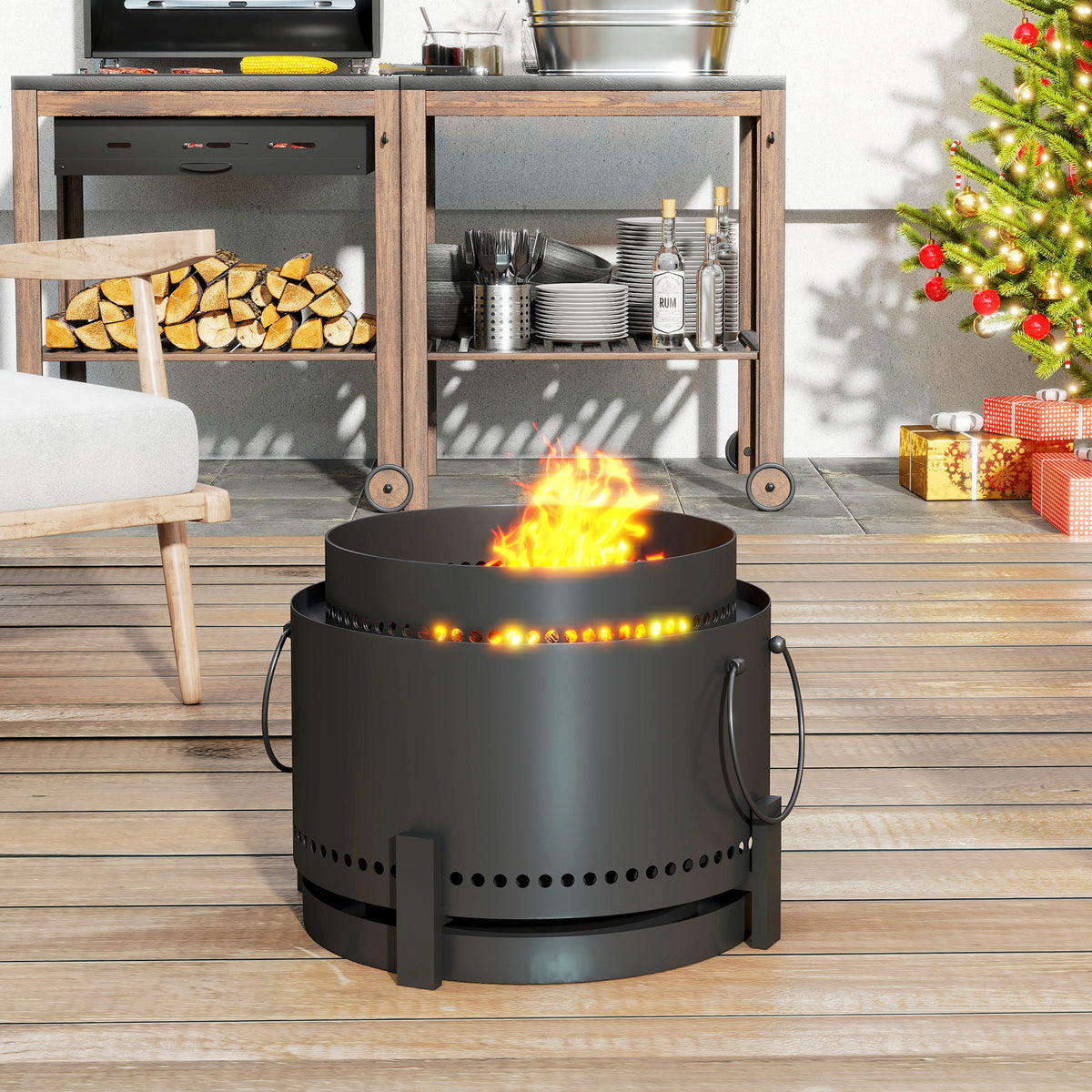 Smokeless Fire Pit With Ash Catcher,37cm Portable Wood Burning Firepit With Poker For Garden Camping Bonfire Party,Metal,Dark Grey — view 4