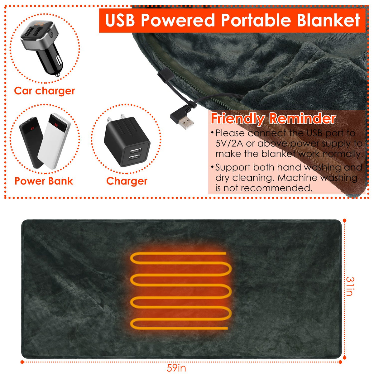 USB Heated Blanket Electric Heated Blanket Heated Poncho Shawl Wrap Throw with Zipper Washable for Home Office 59*31in — view 6