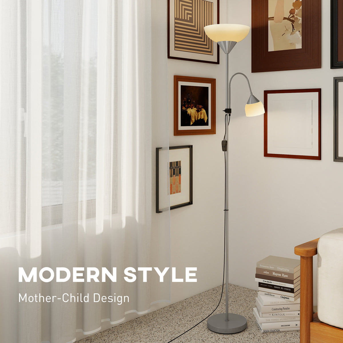 LED Floor Lamp, Suitable For Living Rooms, 180cm High, Mother And Child Shaped Upward Facing Spotlight, With Adjustable Gooseneck Arm, Color Temperature 3000K-4500K-6500K, Silver — view 4