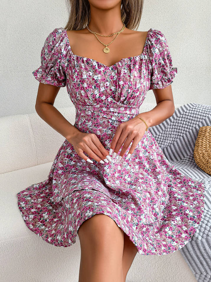 Floral Shirred Mini Dress — Short Sleeve Loose Hem Swing Dress