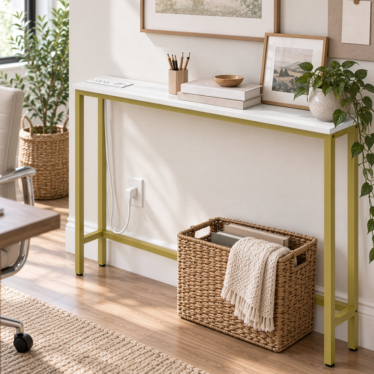 39.37"x5.91"x31.10" Console Table, MDF with Melamine Veneer & Iron Frame, with Power Outlet, White & Gold — view 4