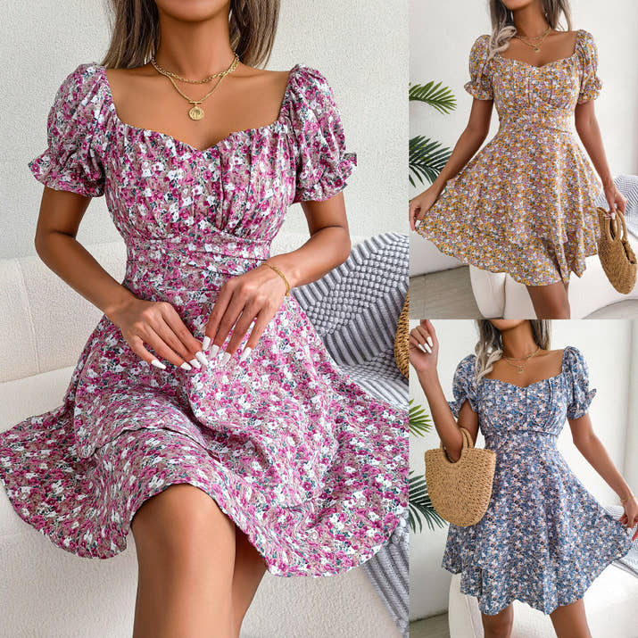 Floral Shirred Mini Dress — Short Sleeve Loose Hem Swing Dress