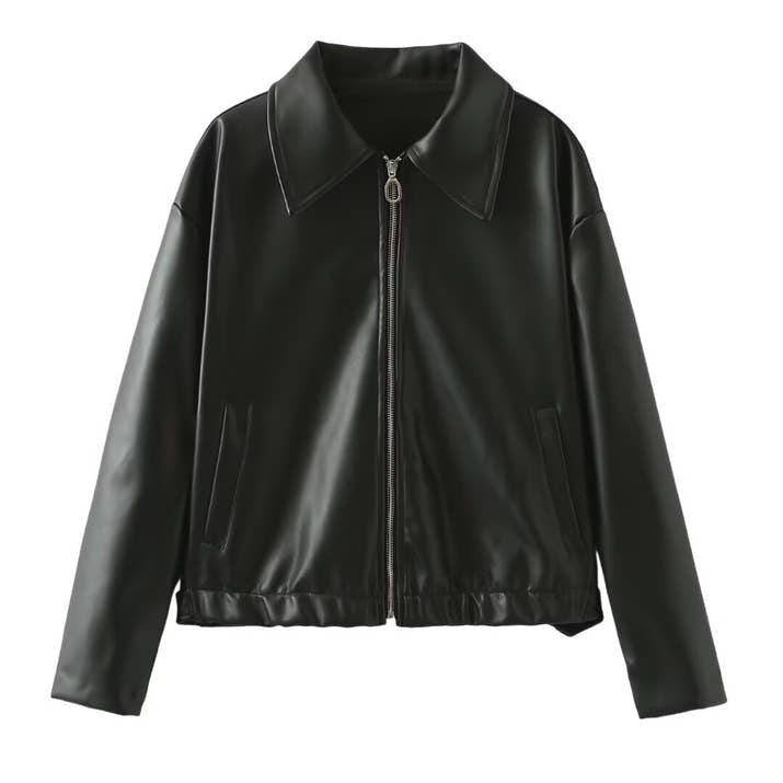 Lapel Zipper Leather Jacket — Casual Long Sleeve Coat