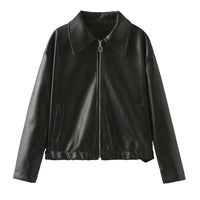 Lapel Zipper Leather Jacket — Casual Long Sleeve Coat